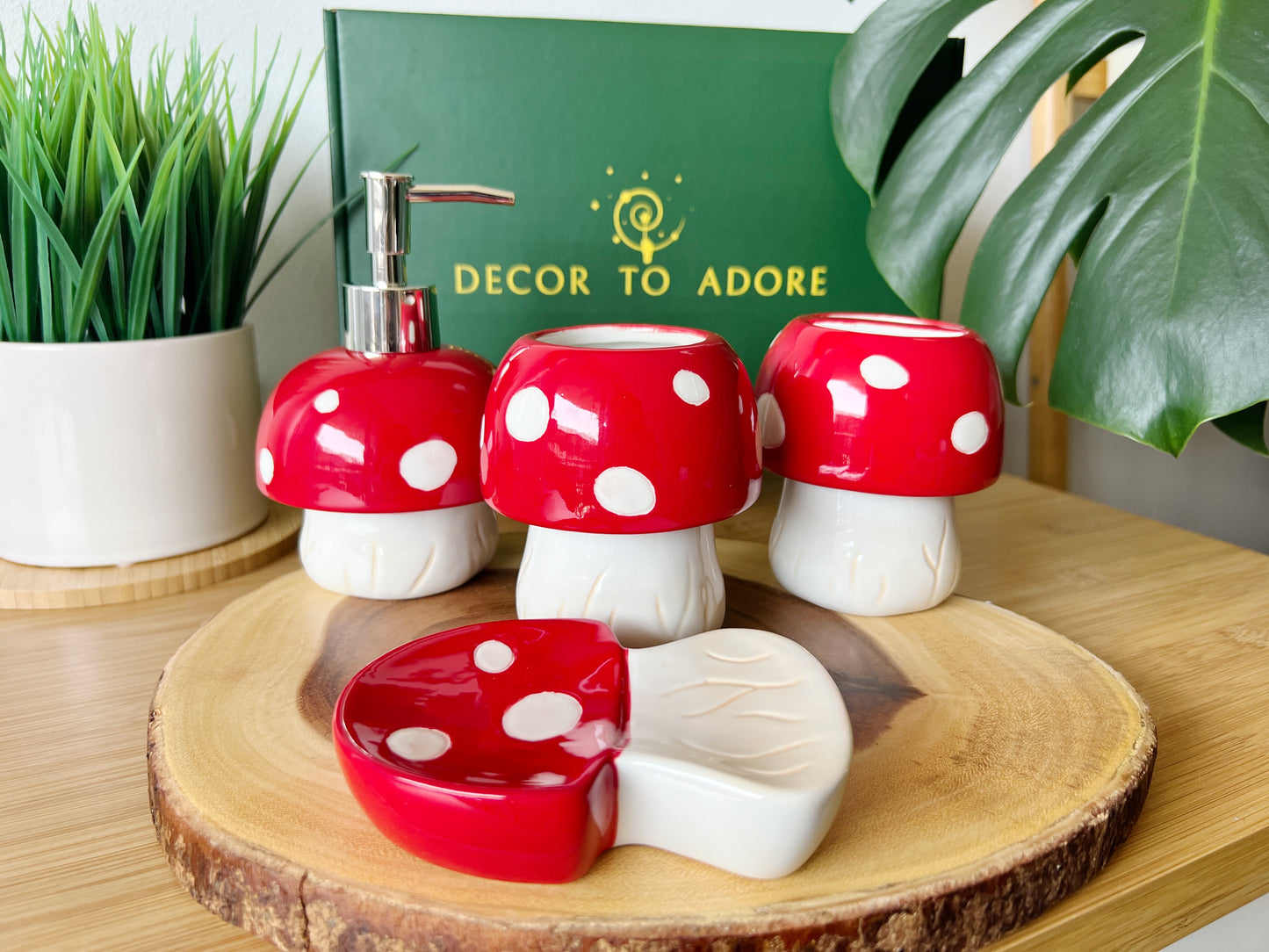 Bathroom Accessories Set 4 Pieces - Mushroom Decor - 100% Ceramic, Hand-Painted